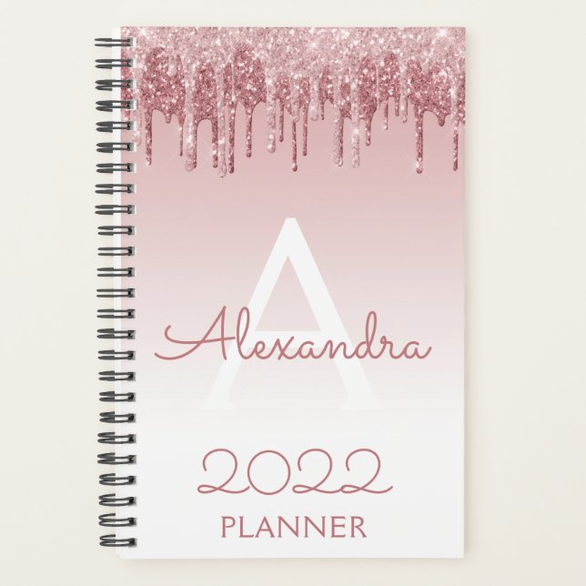 2022 Rose Gold Blush Pink Glitter Sparkle Monogram Planner (Front)