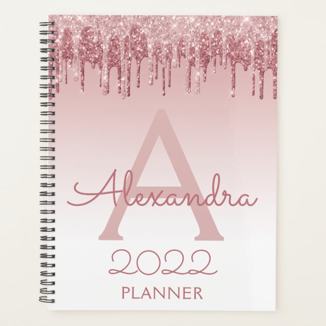 2022 Rose Gold Blush Pink Glitter Sparkle Monogram Planner (Front)