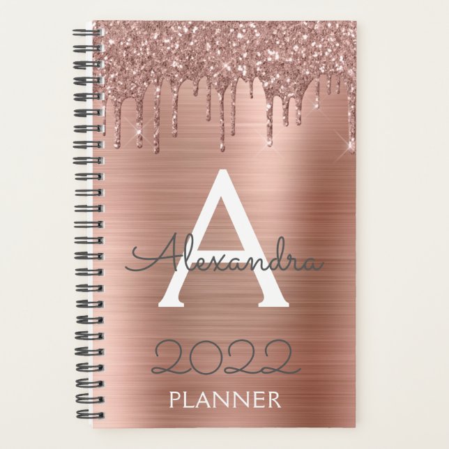 2022 Rose Gold Blush Pink Glitter Sparkle Monogram Planner (Front)