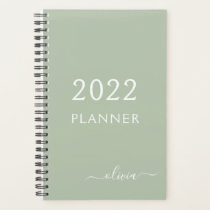 2022 Sage Green Girly Script Monogram Name Planner