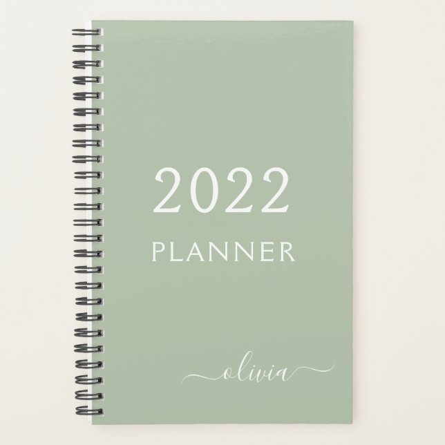 2022 Sage Green Girly Script Monogram Name Planner (Front)