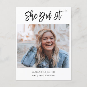 2022 She Did It Modern Script Photo Graduation Announcement Postcard
