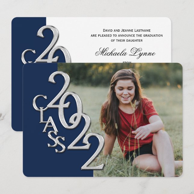 2022 Silver and Blue Graduation with Photo Invitation (Front/Back)