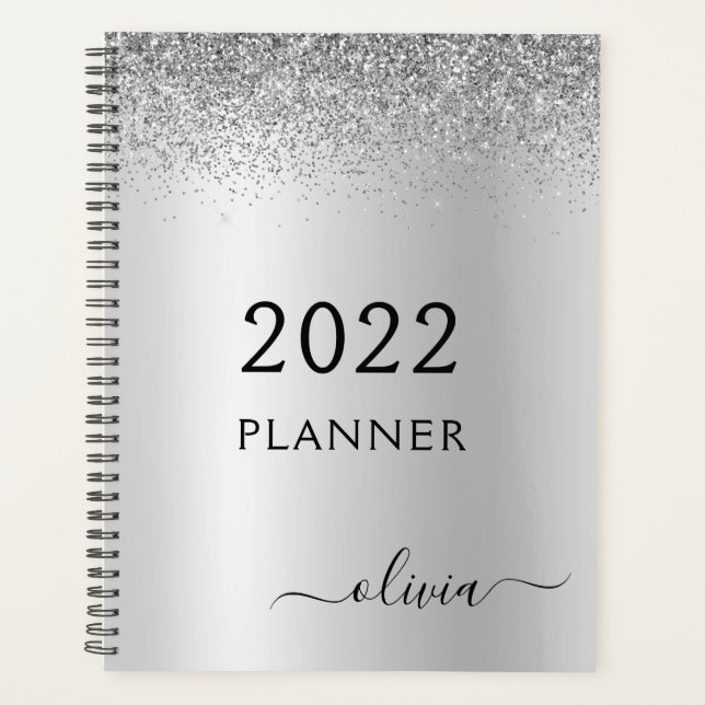2022 Silver Black Glitter Girly Monogram Planner (Front)