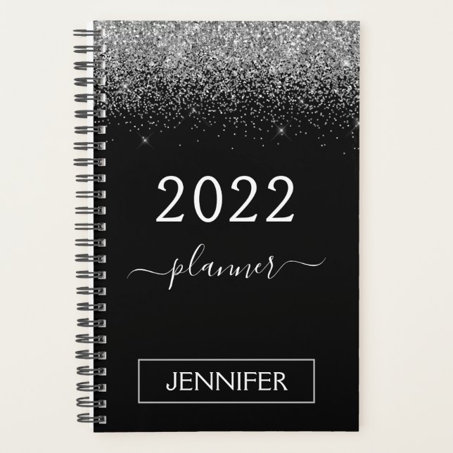 2022 Silver Black Glitter Monogram Girly Planner (Front)