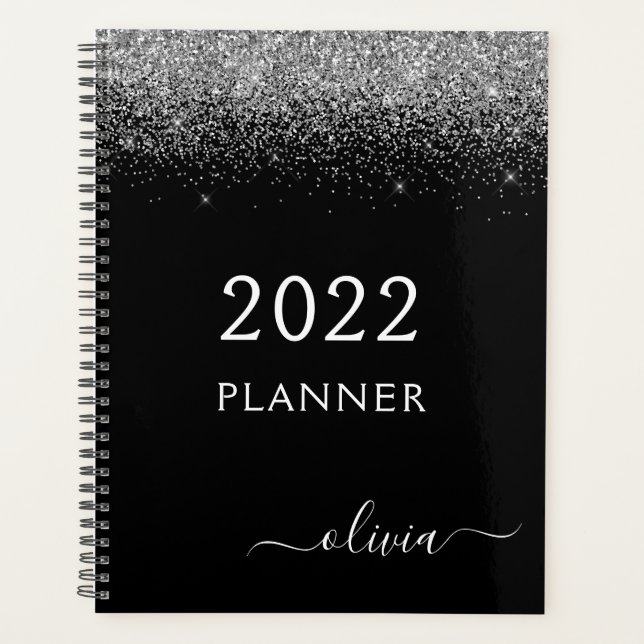 2022 Silver Black Glitter Monogram Modern Luxury Planner (Front)