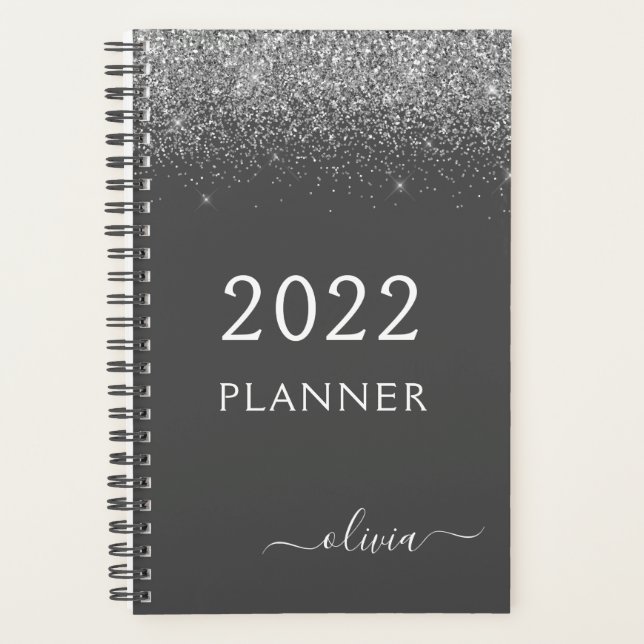 2022 Silver Grey Girly Glitter Monogram Name Planner (Front)