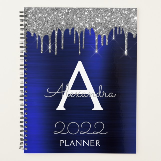 2022 Silver Navy Blue Glitter Glam Monogram Planner (Front)