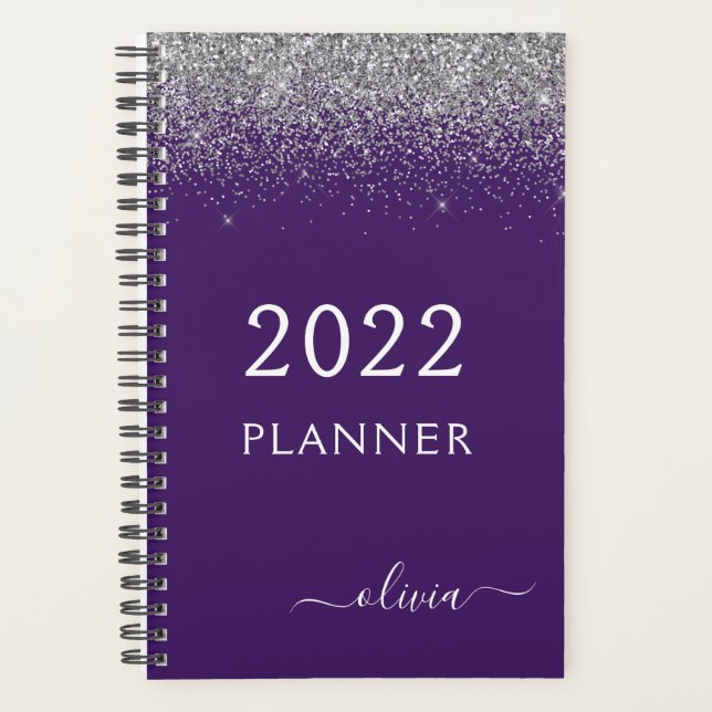 2022 Silver Purple Glitter Sparkle Monogram Planner (Front)
