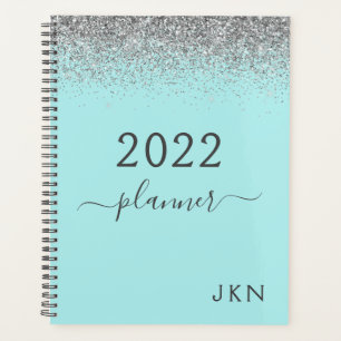 2022 Silver Teal Aqua Blue Girly Glitter Monogram Planner