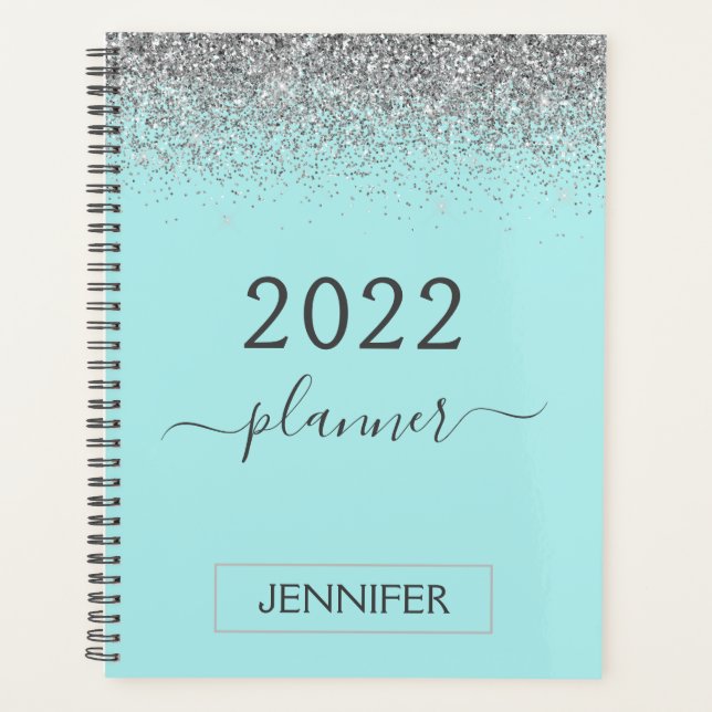 2022 Silver Teal Aqua Blue Glitter Monogram Girly Planner (Front)