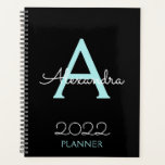 2022 Teal Aqua Blue Black Monogram Elegant Planner<br><div class="desc">2022 Teal Aqua Blue and Black Monogram Name and Initial Spiral Notebook Planner. This makes the perfect sweet 16 birthday,  wedding,  bridal shower,  anniversary,  baby shower or bachelorette party gift for someone that loves glam luxury and chic styles.</div>
