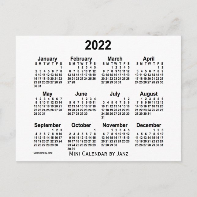 2022 White Mini Calendar by Janz Postcard (Front)