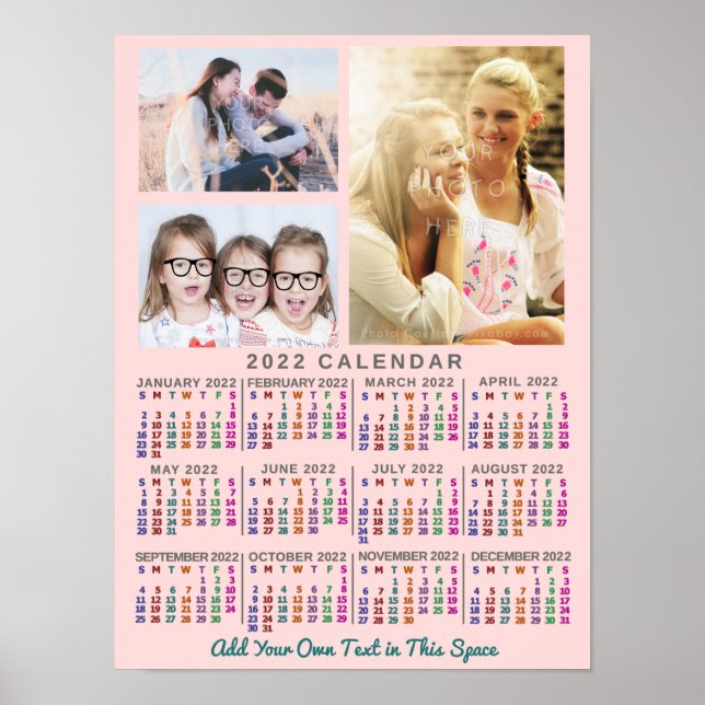 2022 Year Monthly Calendar Colorful Custom 3 Photo Poster (Front)