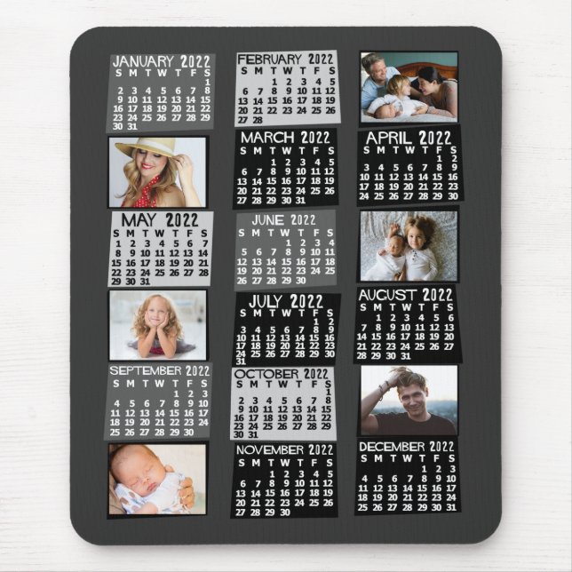 2022 Year Monthly Calendar Mod Black Photo Collage Mouse Pad (Front)