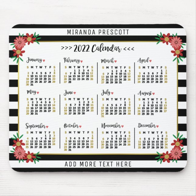 2022 Year Monthly Calendar | Preppy Floral Stripes Mouse Pad (Front)