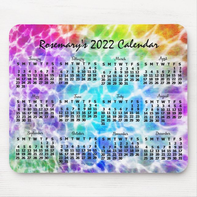 2022 Year Monthly Calendar Tiedye Hippie Rainbow Mouse Pad (Front)