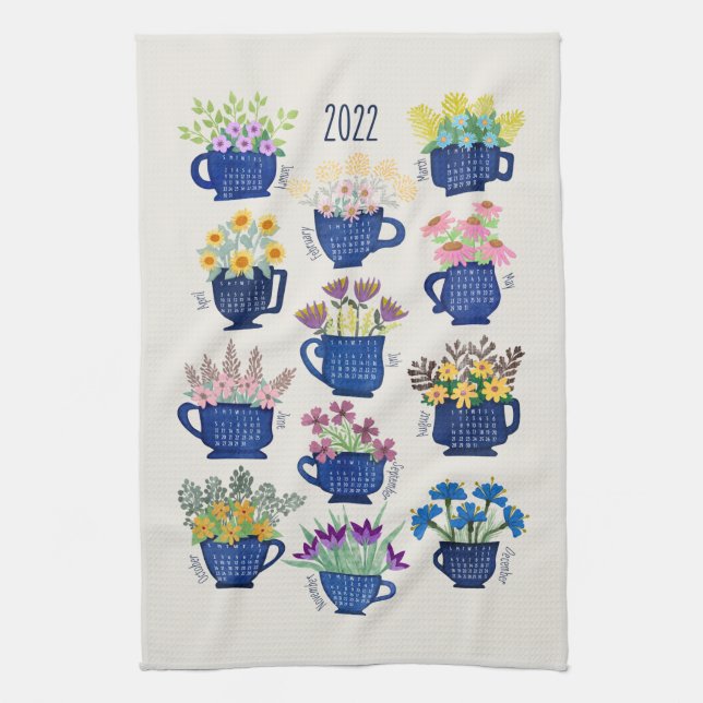 2022 Year Tea Towel Flowers in Tea Cups Tea Lovers (Vertical)