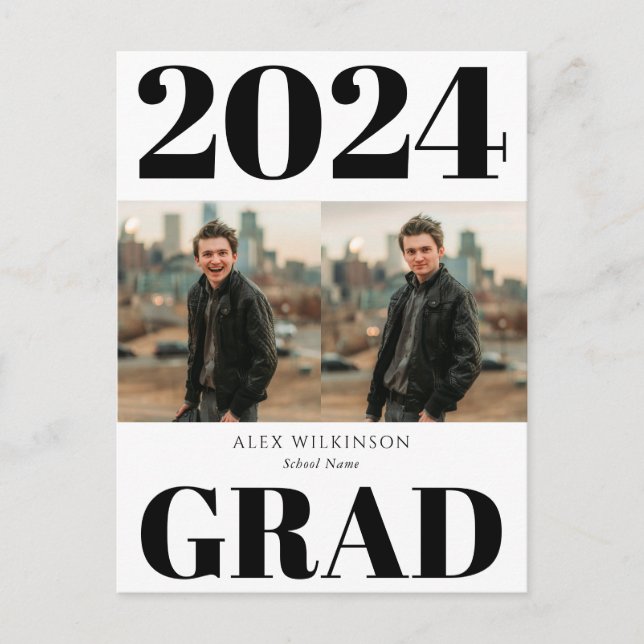 2022Black White Modern Simple Script 2 Photo Grad Invitation Postcard (Front)