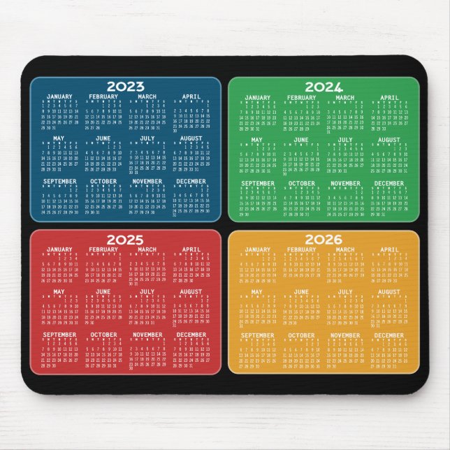 2023 2024 2025 2026 Calendar 4 year primary colour Mouse Pad (Front)