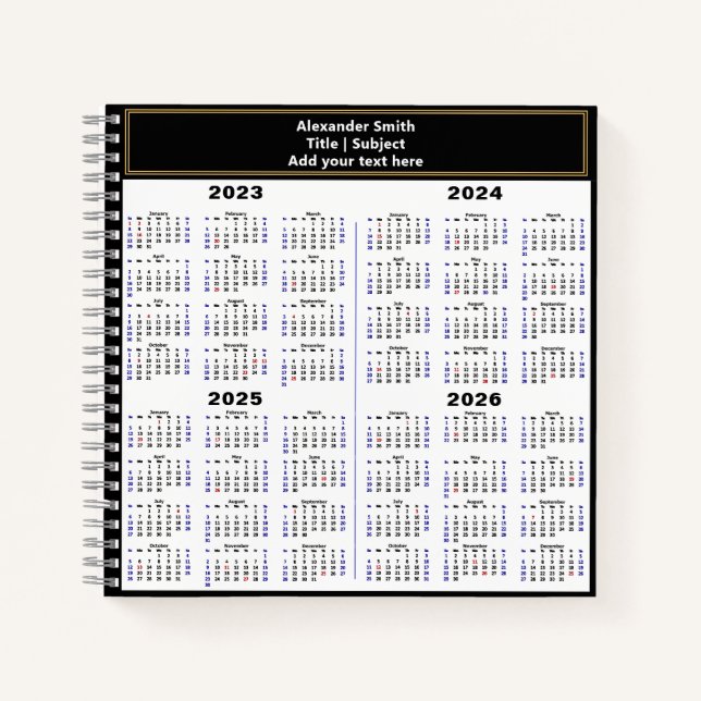 2023 2024 2025 2026 Calendar Modern Custom Text Notebook (Front)