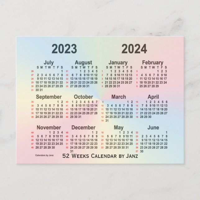 2023-2024 Rainbow 52 Weeks Calendar by Janz Postcard (Front)