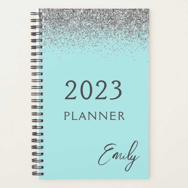 2023 Aqua Blue Teal Silver Glitter Monogram Planner (Front)