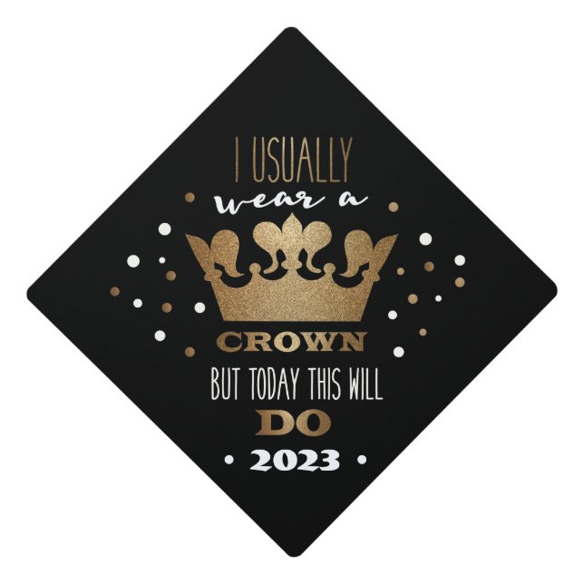 2023 Black Faux Gold Glitter Crown Graduation Graduation Cap Topper (Front)