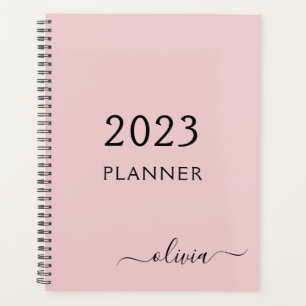 2023 Blush Pink Girly Script Monogram Name Modern Planner