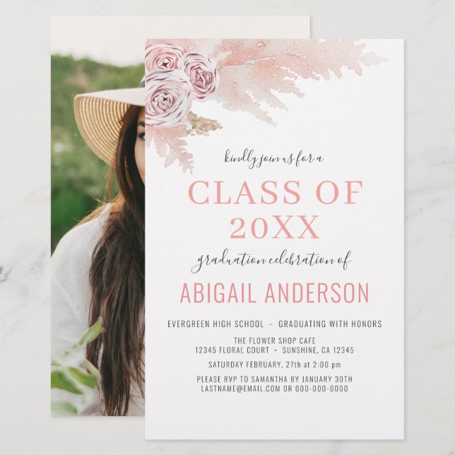2023 Budget Boho Pampas Graduation Invitation (Front/Back)
