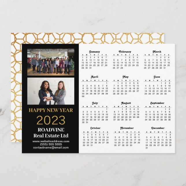 2023 Business 2 Photo Modern Gold Script Calendar Holiday Card (Front/Back)