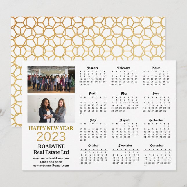 2023 Business Photo Modern Gold Script Calendar Holiday Card (Front/Back)
