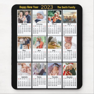 2023 Calendar 12 Family Photo Modern Gold Script Mouse Pad