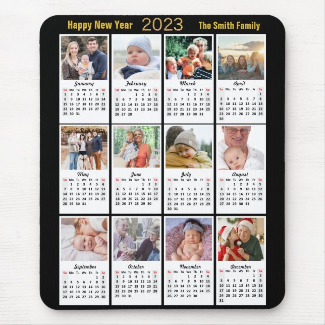 2023 Calendar 12 Family Photo Modern Gold Script Mouse Pad (Front)