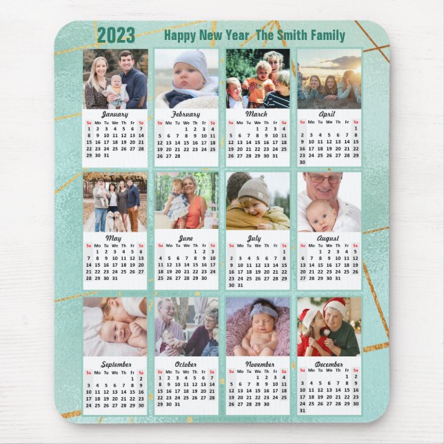 2023 Calendar 12 Family Photo Modern Green Simple Mouse Pad (Front)