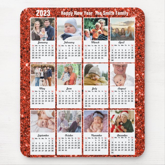 2023 Calendar 12 Family Photo Modern Red Glitter Mouse Pad (Front)