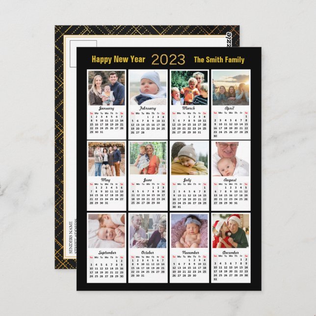 2023 Calendar 12 Photo Modern Family Gold Script Postcard (Front/Back)