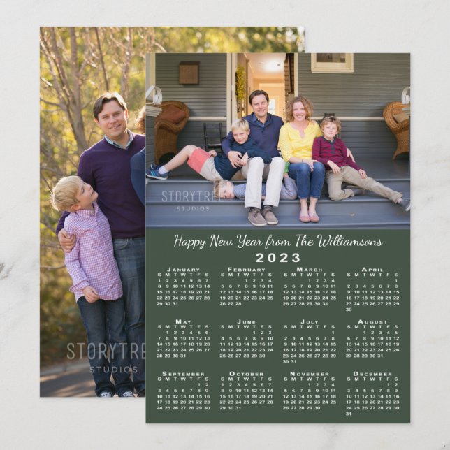 2023 Calendar 2 Photos Dark Green Happy New Year Holiday Card (Front/Back)