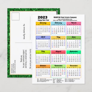 2023 Calendar Black Script Green Glitter Corporate Postcard