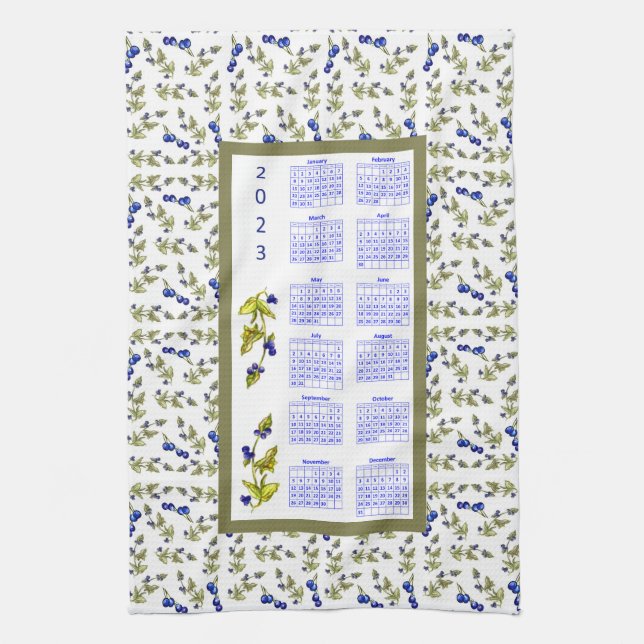 2023 Calendar Blueberries Stemmed Leaves, white Kitchen Towel (Vertical)