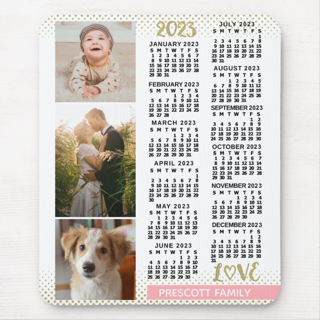 2023 Calendar Blush Pink Gold Family Photo Collage Mouse Pad (Front)