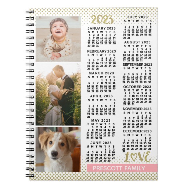 2023 Calendar Blush Pink Gold Family Photo Collage Notebook (Front)