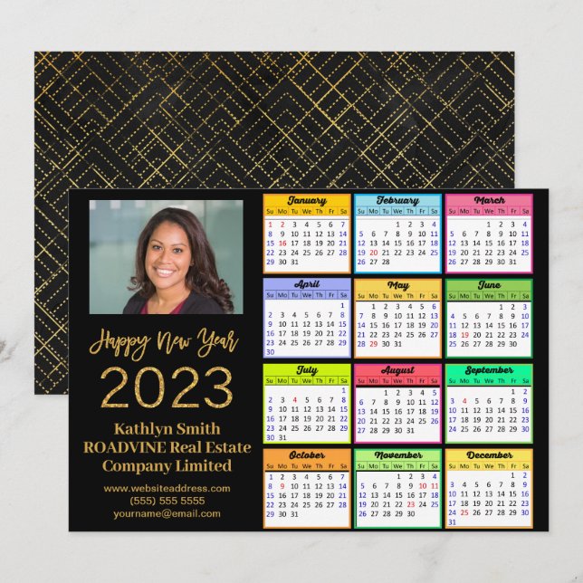 2023 Calendar Business Modern Gold Script Photo Holiday Card (Front/Back)