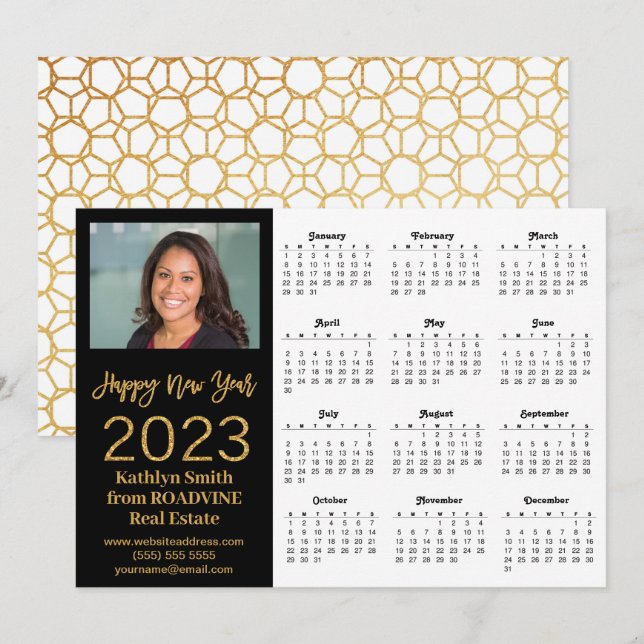 2023 Calendar Business Modern Gold Script Photo Holiday Card (Front/Back)