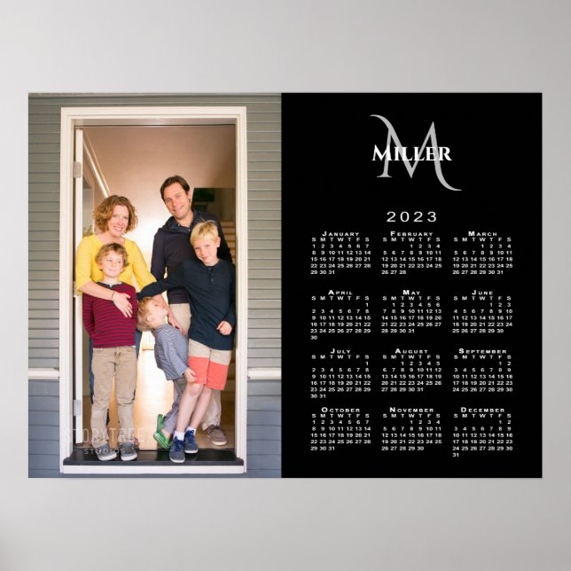 2023 Calendar Custom Photo Monogram Name Black Poster (Front)