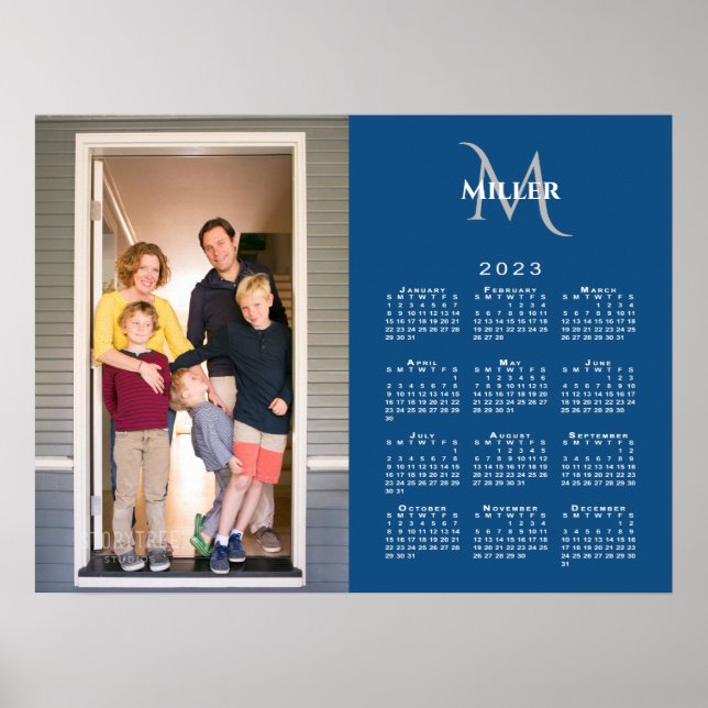 2023 Calendar Custom Photo Monogram Name Blue Poster (Front)