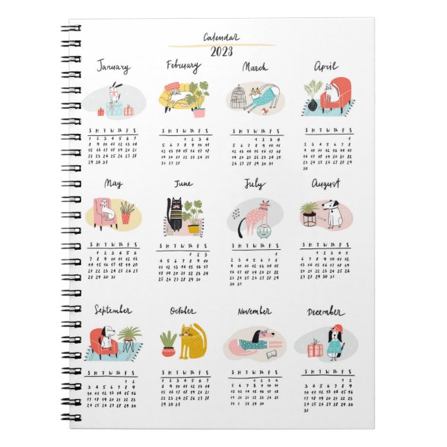 2023 Calendar Cute Cartoon Cats and Dogs Notebook (Front)