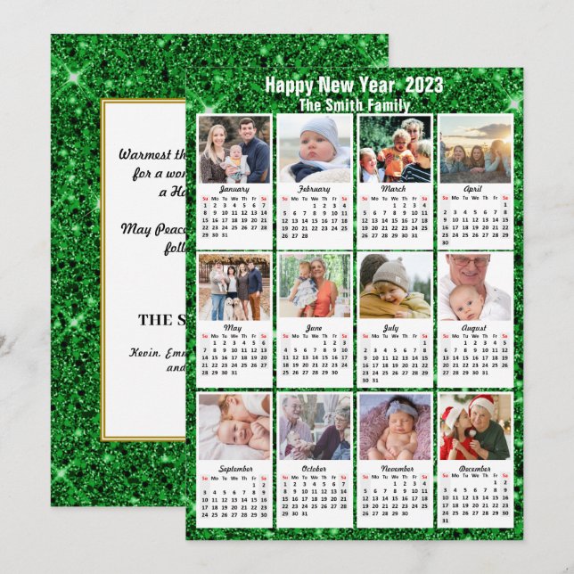 2023 Calendar Modern Family 12 Photo Green Glitter Holiday Card (Front/Back)