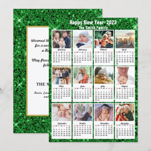 2023 Calendar Modern Family 12 Photo Green Glitter Holiday Card