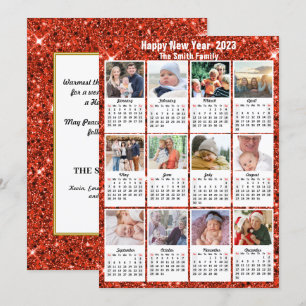 2023 Calendar Modern Family 12 Photo Red Glitter Holiday Card